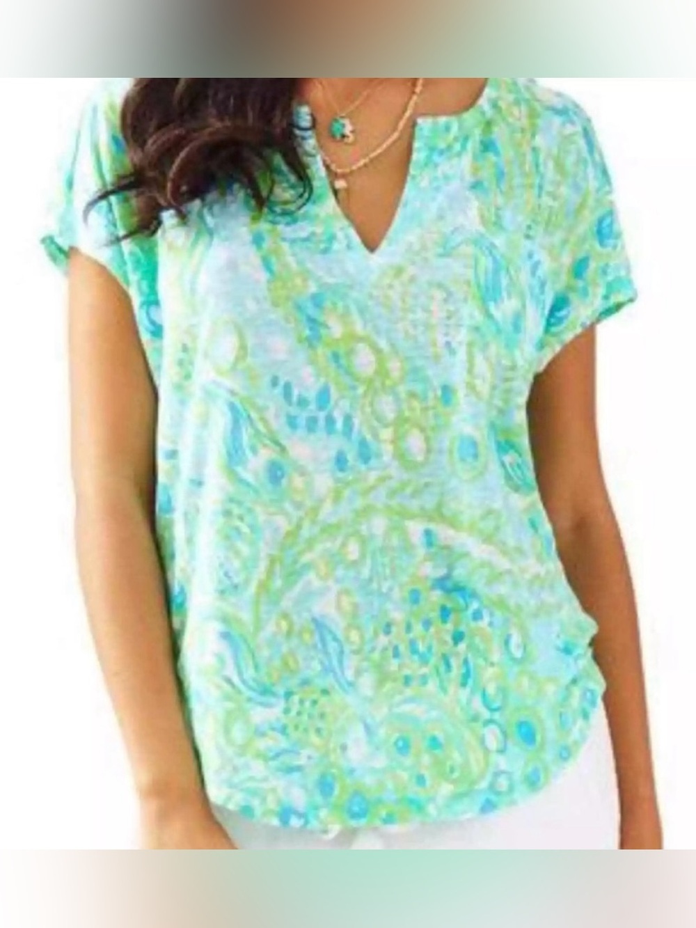 Lilly Pulitzer Blue and Green Linen Paisley Printed V-Neck Blouse - Size S